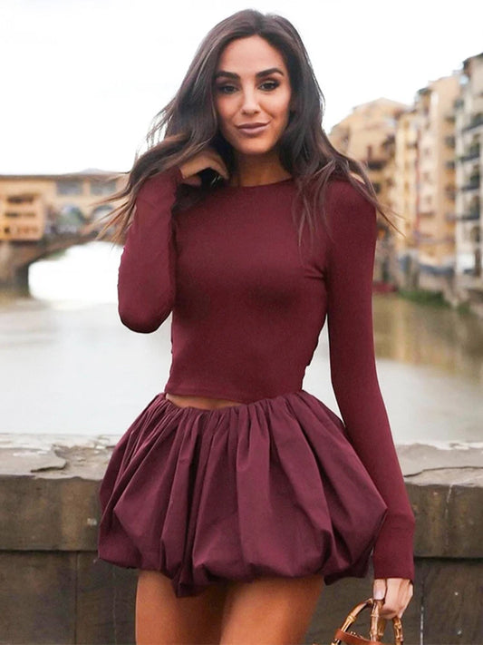 Maxy Trendix Pleated Skirt 2 Piece Sets Women Burgundy Bodycon Long Sleeve Shirts Vintage Fashion High Waist Dress Suits Winter