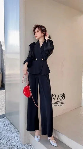 Temperament Suit Women Outfits 2023 Spring New Chiffon Ruffled Stitching Suit Coat High Waist Loose Wide Leg Pants Two-Piece Set