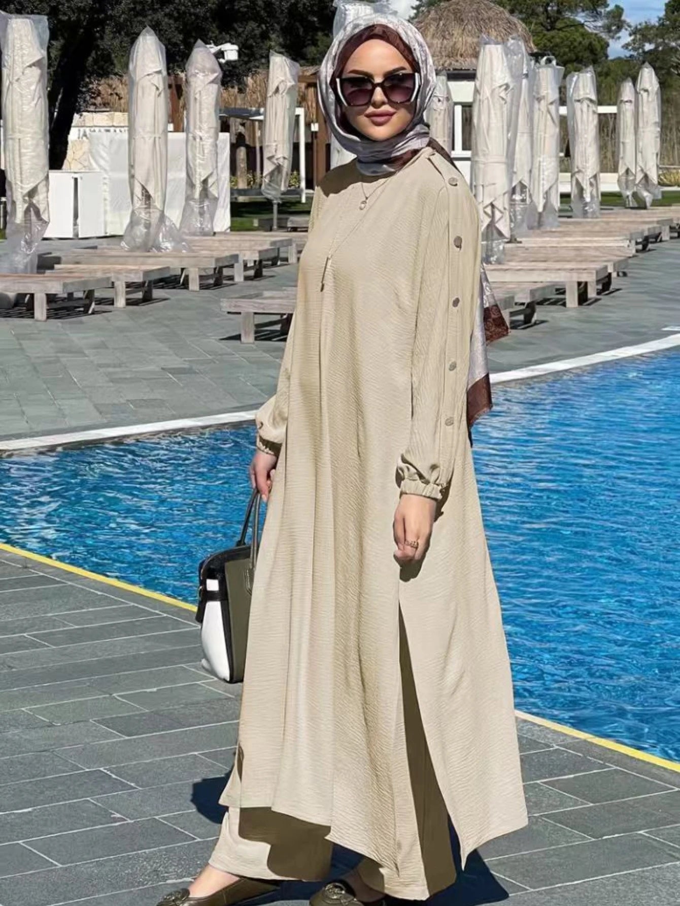 Maxy Muslim Dress for Women Blouse 2 Piece Set Long Sleeve Abaya Shirt Wide Leg Pant Suits Arabic Dubai Dresses Musulman Ensembles