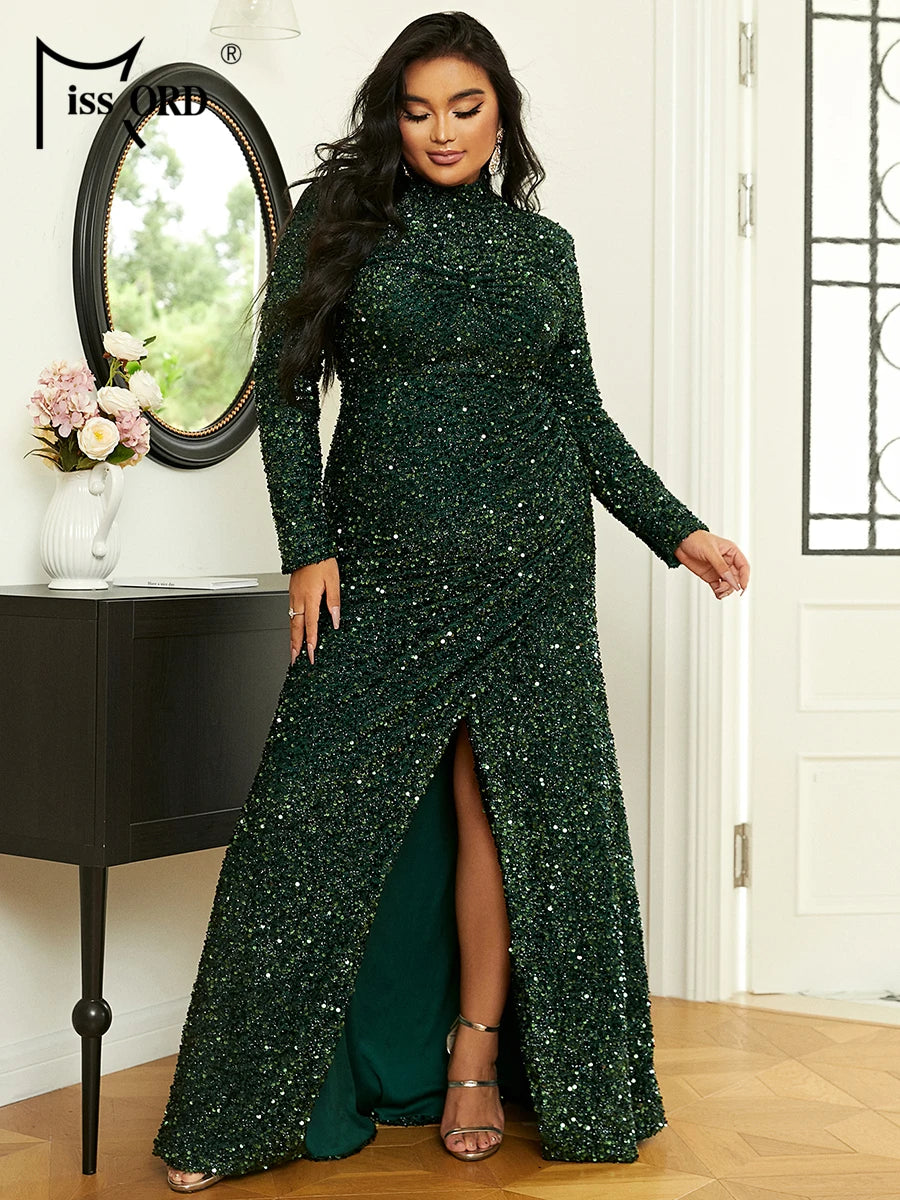 Missord Elegant Green Plus Size Evening Dresses Women Long Sleeve Sequins Thigh Split Party Prom Fomal Dress Winter Maxi Gown