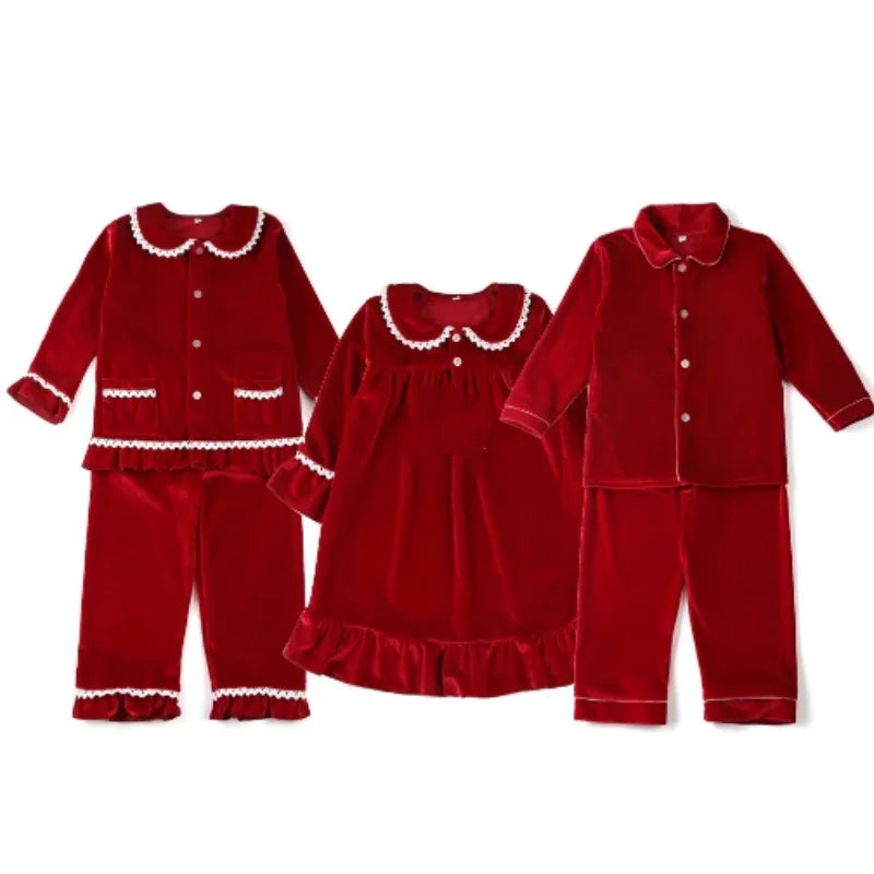 Maxy Kids red velvet solid pajamas baby boy and girl family matching Christmas pajamas sets