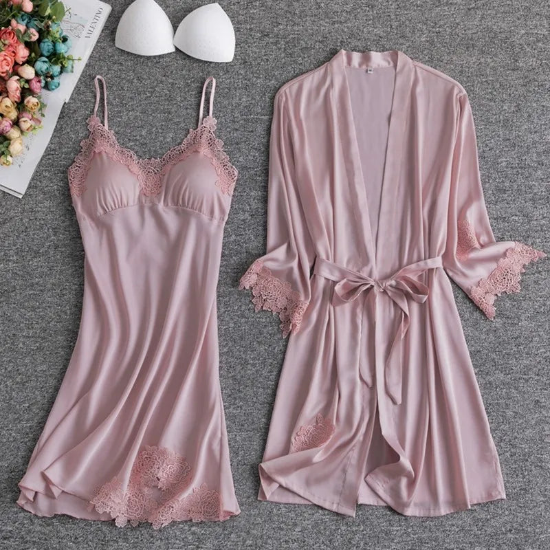 Maxy Lace Patchwork Kimono Bathrobe Set Female Sleepwear Twinset Robe Suit With Strap Nightgown Summer Perspective Nightwear Lingerie