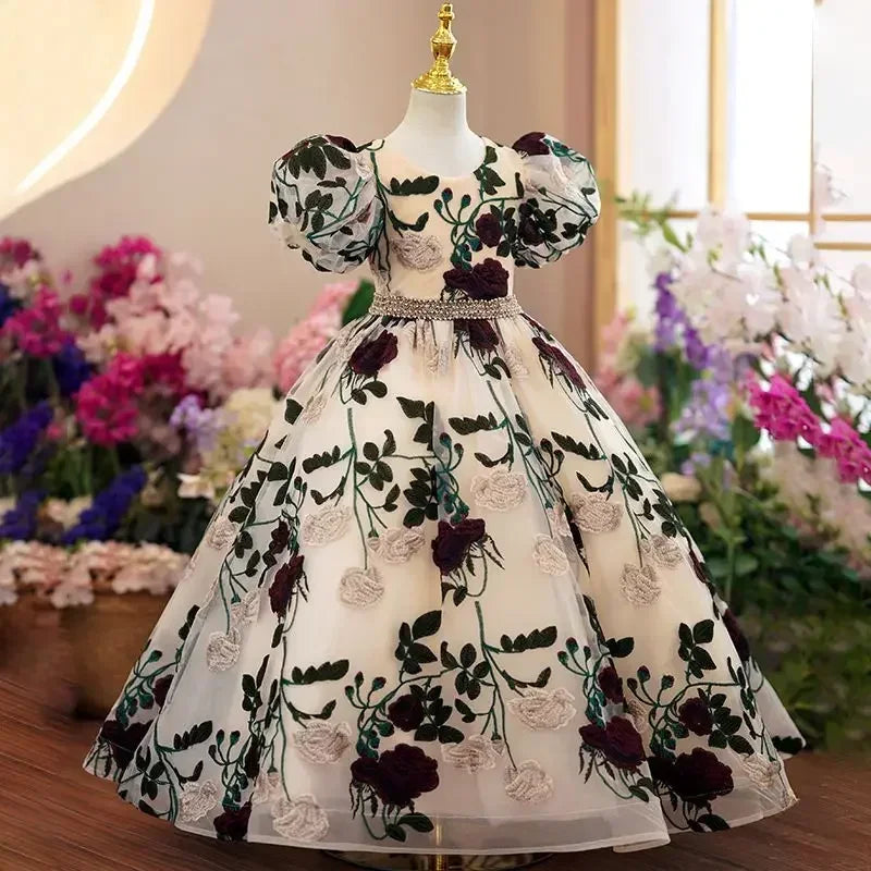 Teenagers Girls Elegant Luxury Long Evening Gowns Children Embroidered Mesh Princess Dresses Kids Formal Prom Dresses 3-15Y