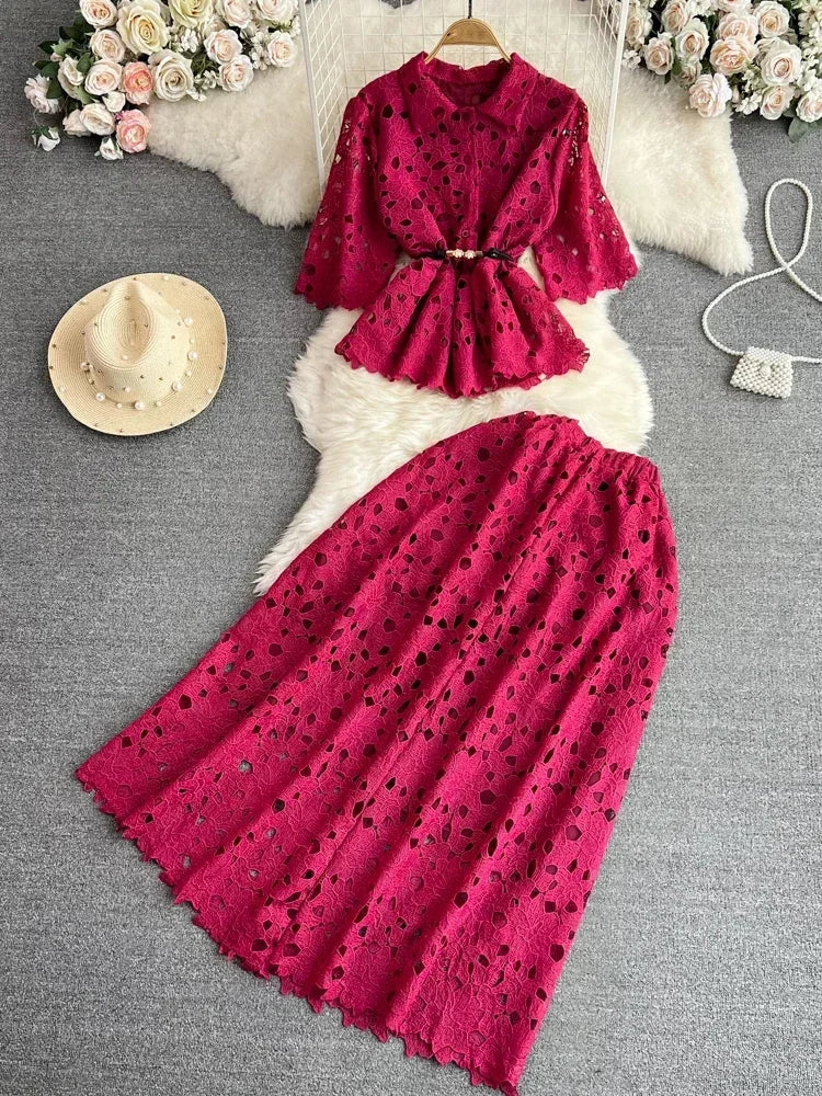 Women Summer Dress Sets Vintage Style Short Sleeve Hollow Out Single Breasted Shirt Two Piece High Waist A-Line Dress D3289