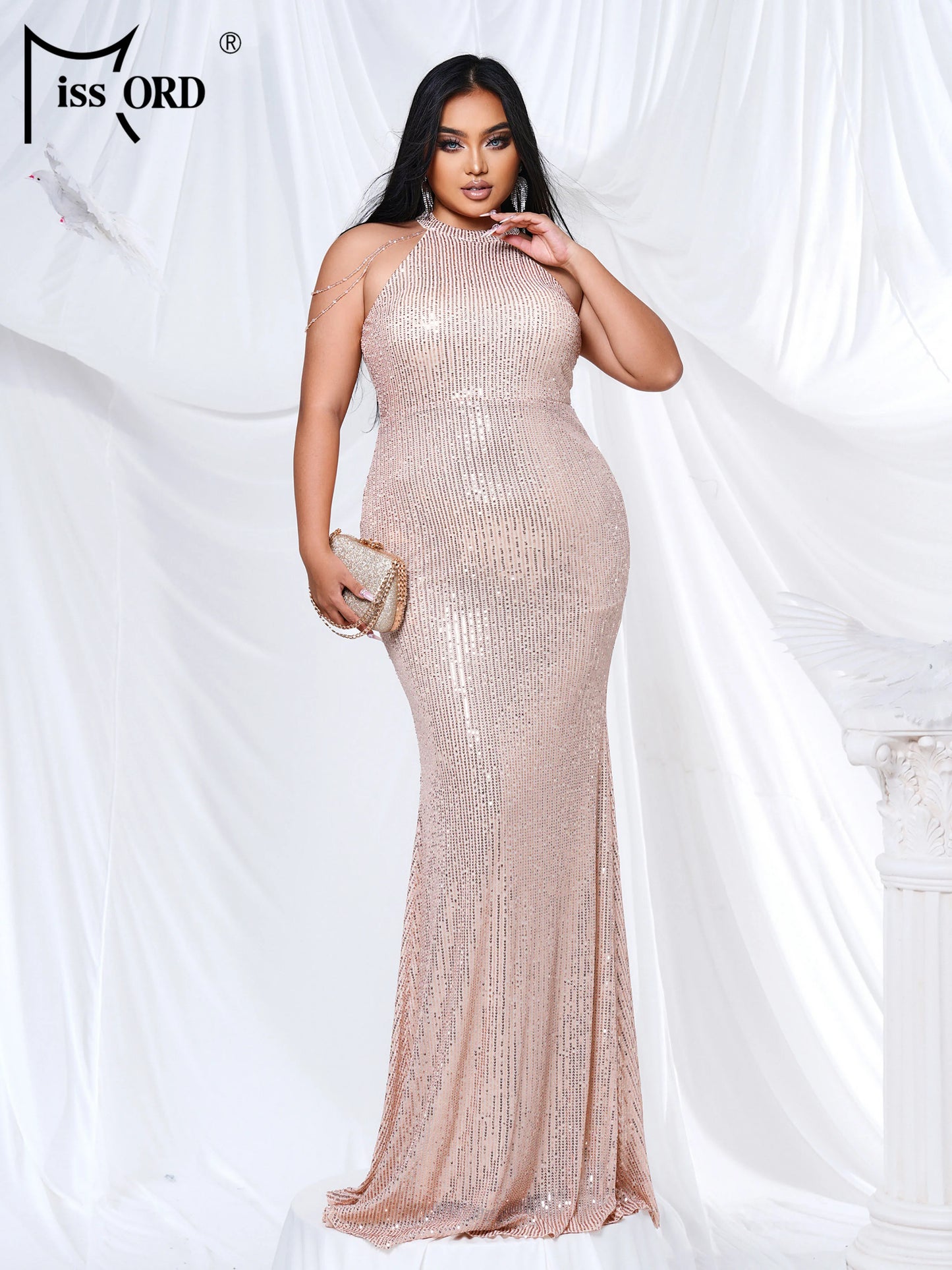 Maxy New Plus Size Golden Round Neck Sequin Mermaid Evening Gown Bride Wedding Birthday Party Cocktail Graduation Dress