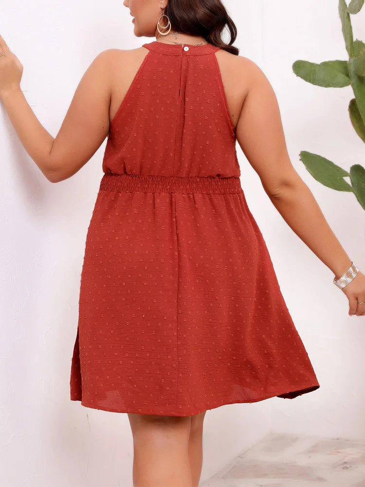 Maxy Plus Size Swiss Dot Halter Neck Sleeveless Mini Dress Women's Summer Elastic Waist Holiday Style Boho A-Line Dresses