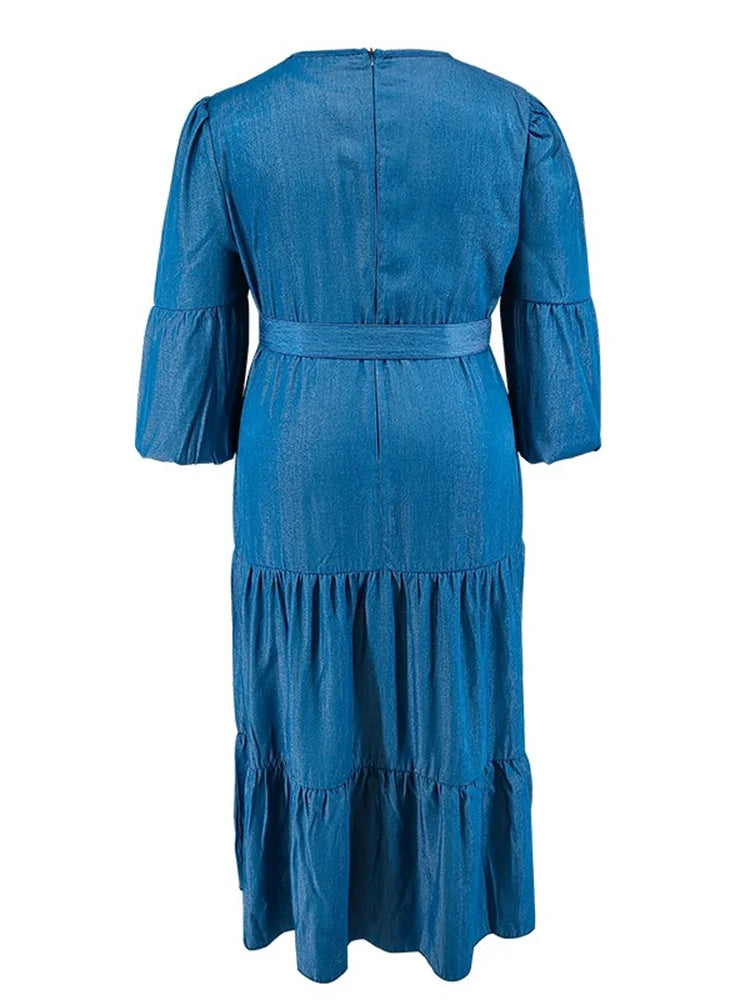 Maxy Plus Size Denim Dresses for Women Solid Long Sleeve Fashion Elegant New Maxy Dress with Bandage
