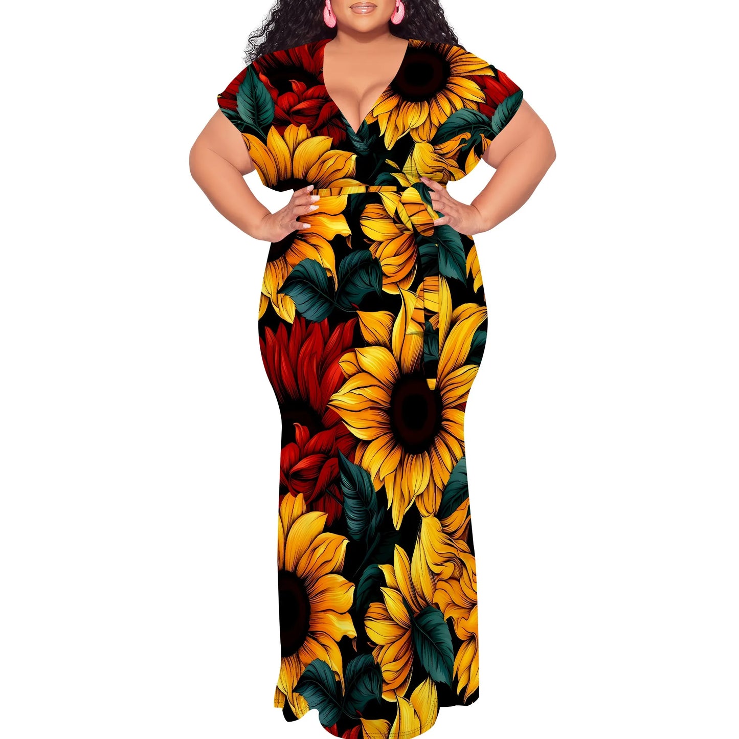 Maxy Plus Size Floral Print Dress V Neck Summer Casual Elegant Long Dress for Women
