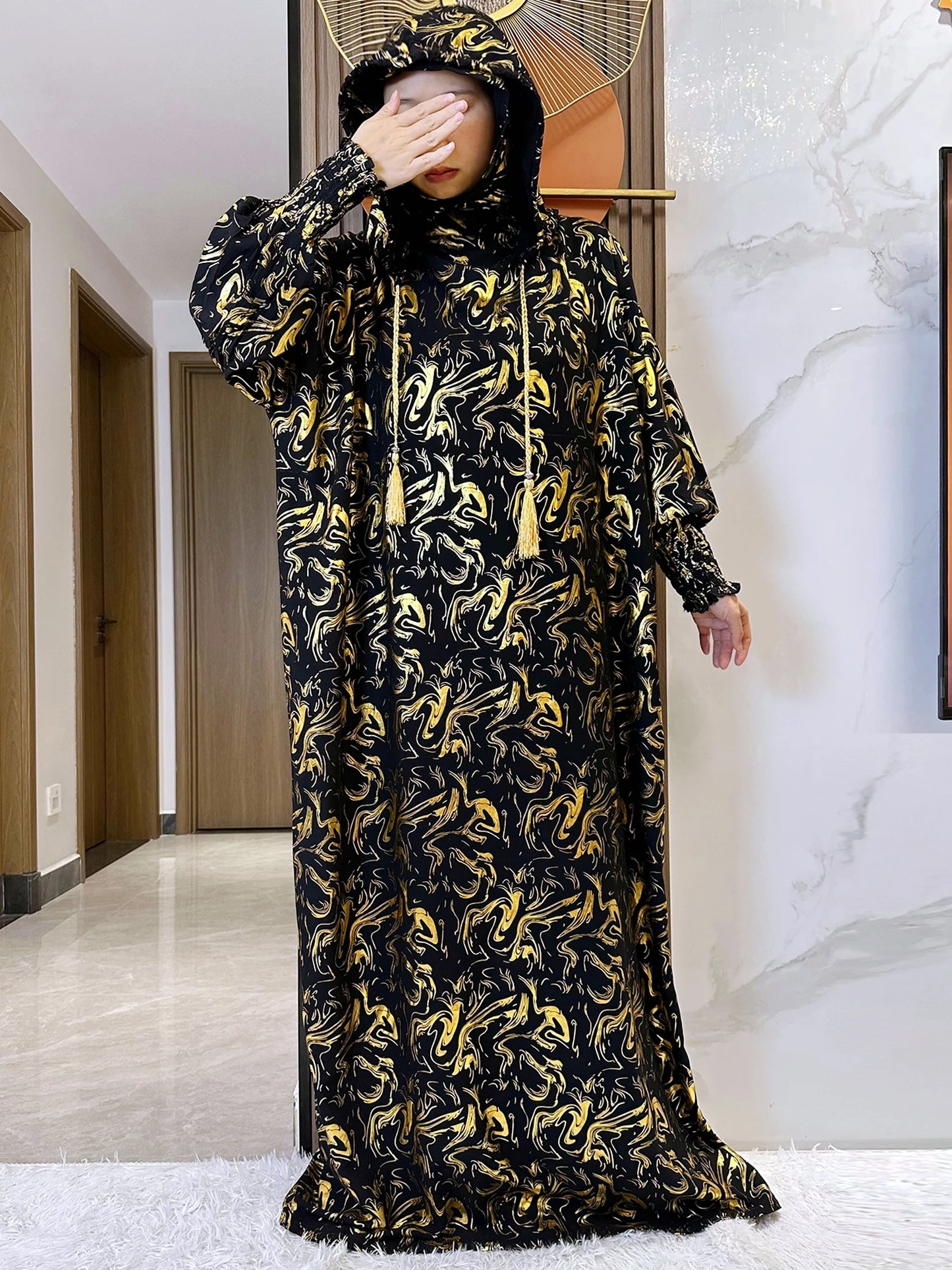 Maxy Fashion Muslim Hijab Long Sleeve Women Eid Hooded Two Hats Cotton Loose Dress Dubai Islamic Arab Robe African Abaya Clothes