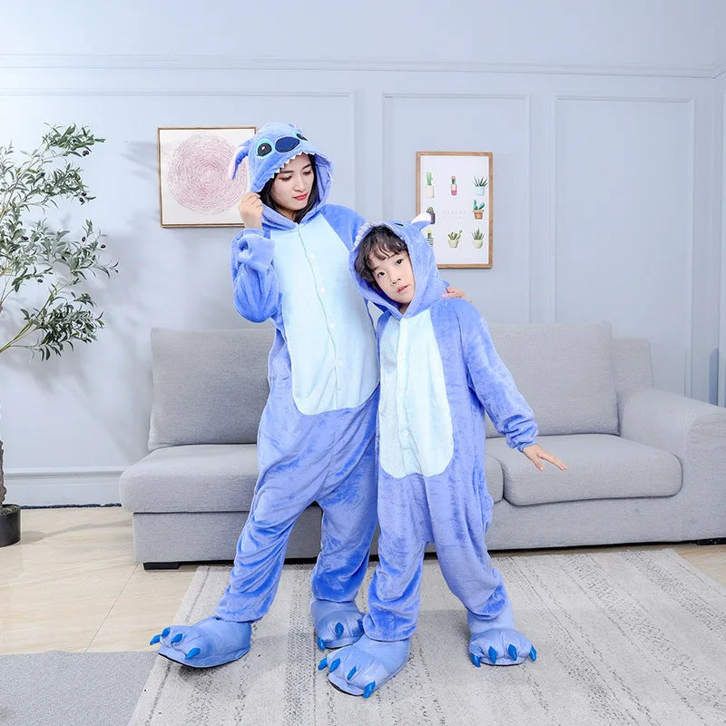 Maxy Stitch Cosplay Costumes Women Men Cartoon Jumpsuit Adults Cute Flannel Hooded Pajamas Onesie For Halloween Christmas Party