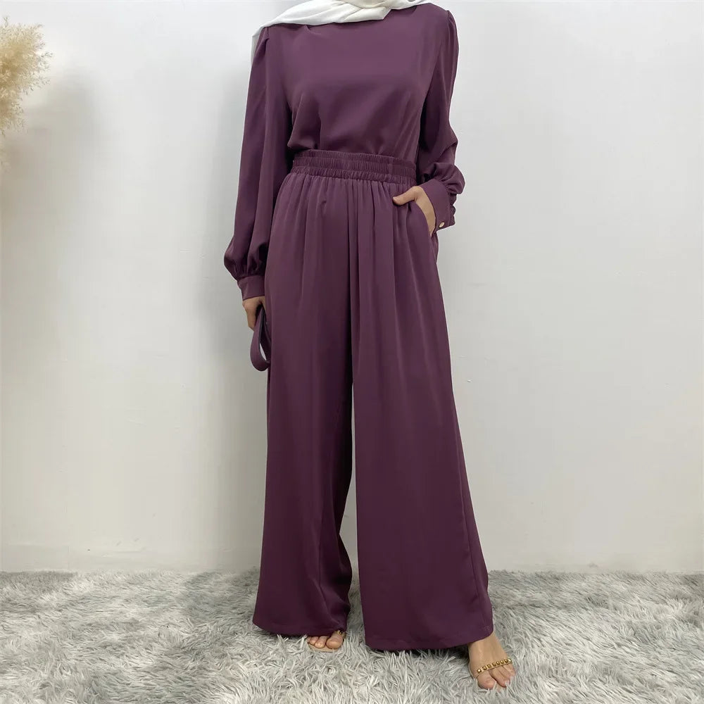 Maxy Muslim Women Long Sleeve Tops Wide Leg Pants Set Eid Ramadan Islam Clothing Dubai Turkey Kaftan Dress Arabic Outfits Suit Abaya