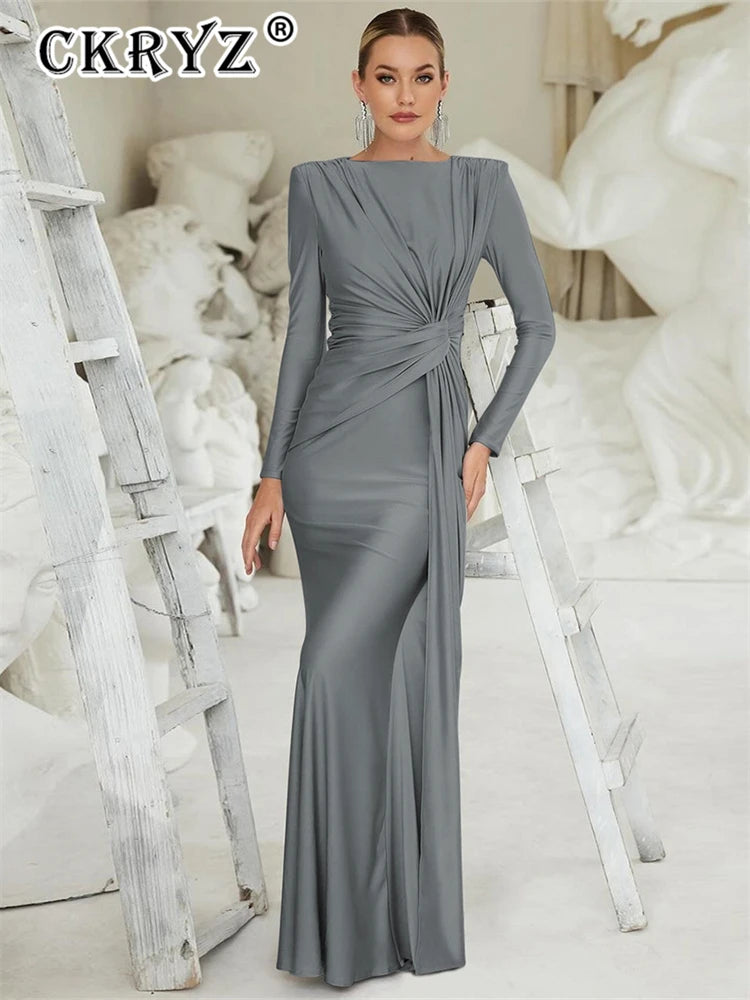 Maxy Ladies Elegant Evening Party Dress Women Long Sleeve O-Neck Ruched Fashion Long Dresses Woman Night Club Streetwear Fall Outfit