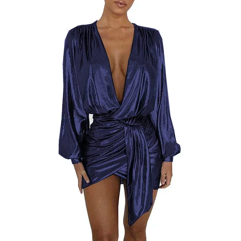 Maxy Plus Size Elegant Deep V-neck Long Sleeve Shiny Metallic Dress Women Evening Irregular Bodycon Mini Dress Vintage Ball Gowns