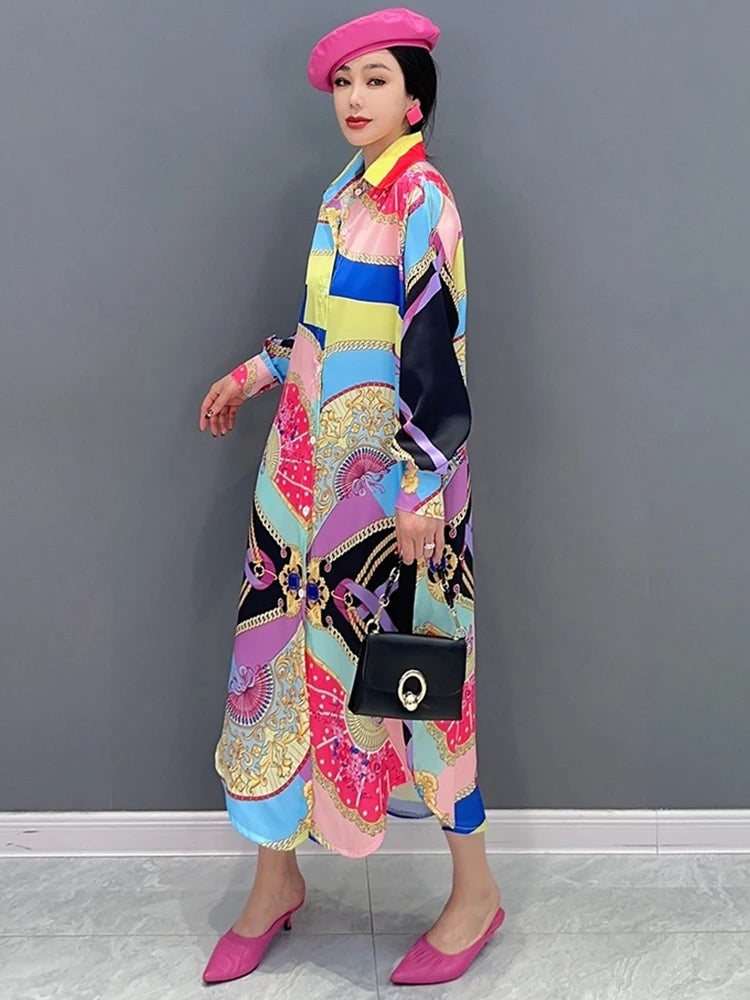 Maxy Fashion Shirt Dress for Women Korean Printed Colorful Pattern Stitching Loose Summer Clothes 5R1504