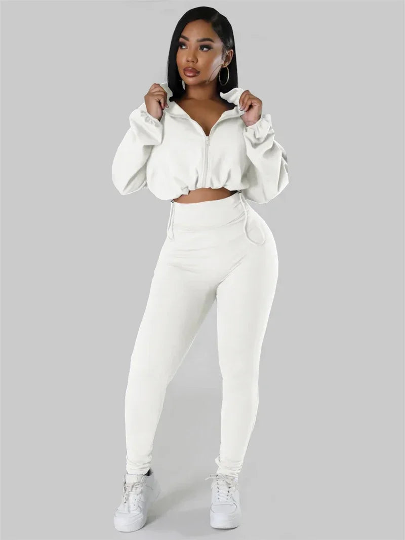 Maxy Solid Sporty Two Piece Set for Women Tracksuit Casual Fitness Workout Zipper Bomber Jacket Top and Sweatpants Matching Sets