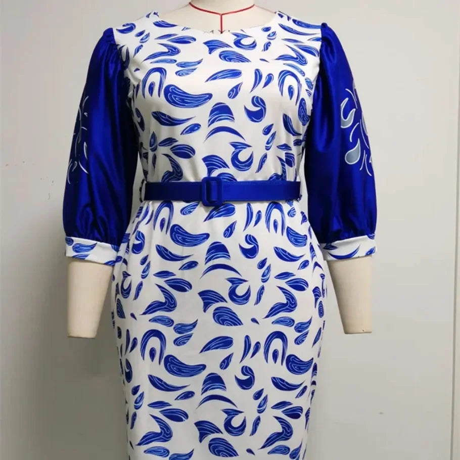 Maxy Hot Sale African and Turkey Style Plus Size Printed Lantern Sleeve Dress For Women