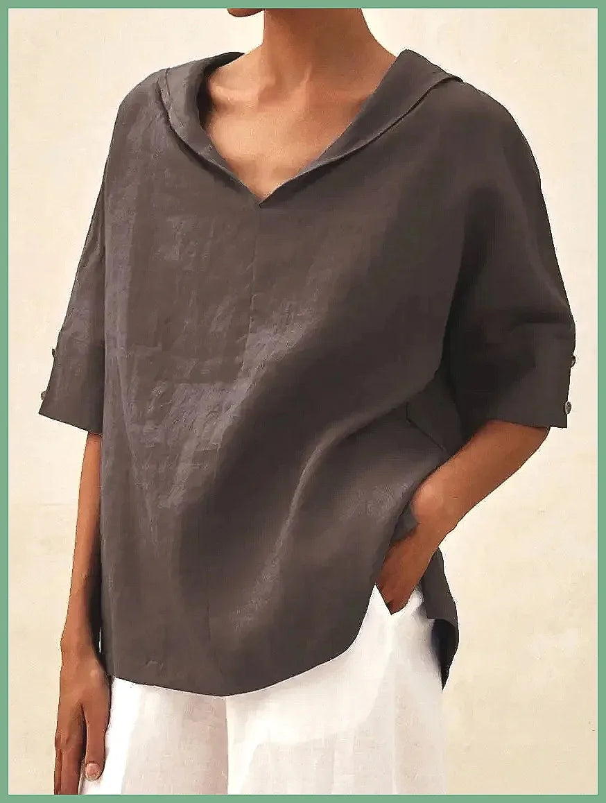 Maxy Women's Loose V-Neck Cotton Linen Shirt, Casual Elegant Summer Blouse Office Wear