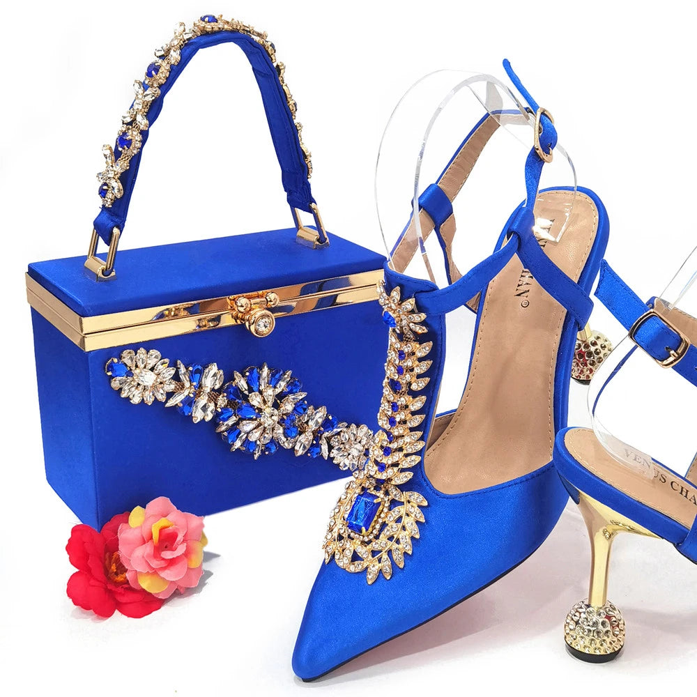 Maxy Newest Red Color Comfortable Streamlined Pointed Toe Women's Shoes Matching Big Crystal Handbag Party Women's Shoes And Bag Set