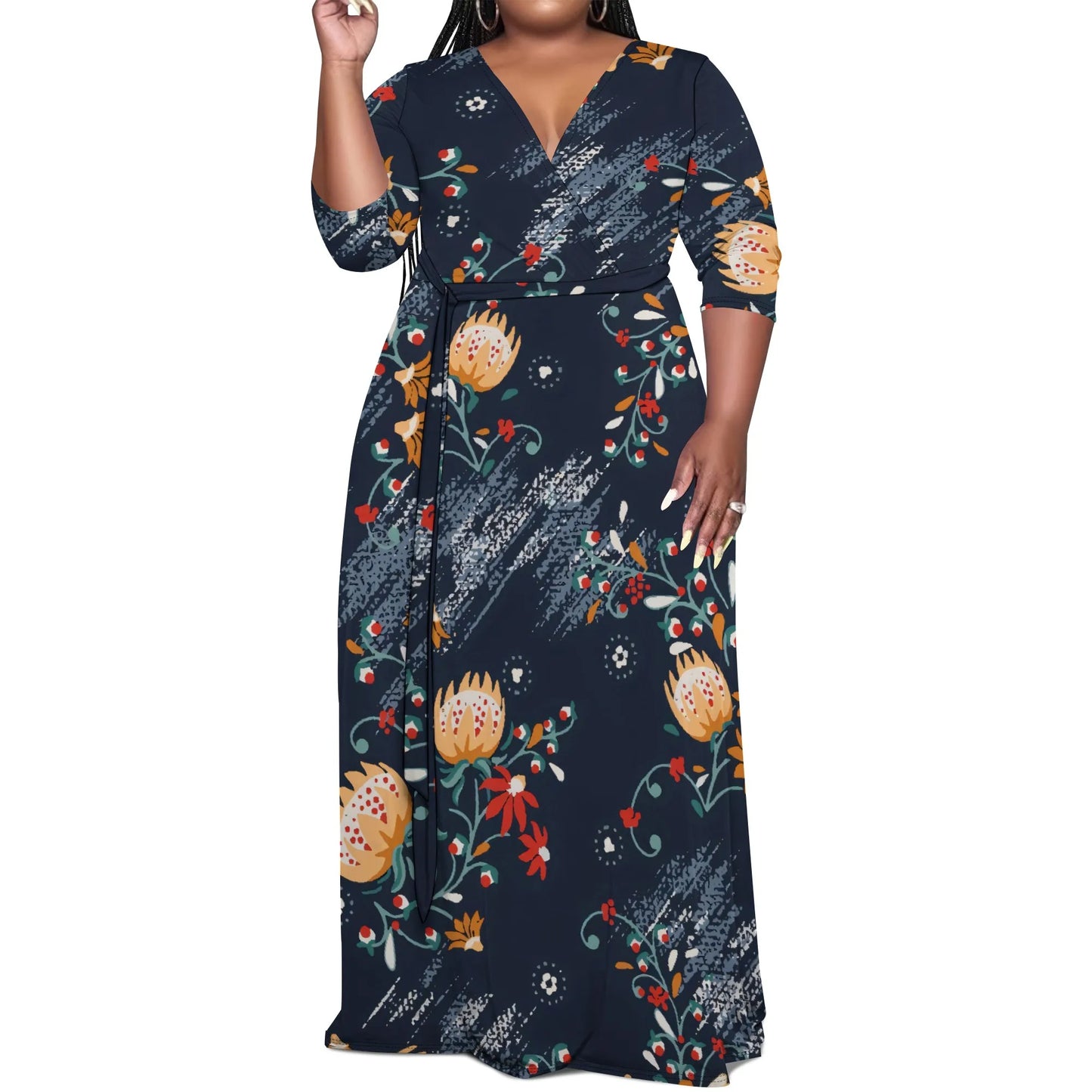 Maxy Plus Size Women's V-Neck Half Sleeve Abstract Floral Maxy Dress Elegant Summer Vacation Dress