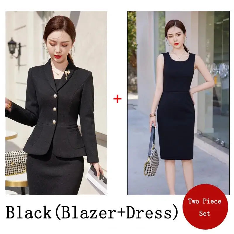 Maxy New Autumn Work Wear Women's Suit Elegant Solid Blazer +Sleeveless Dress 2 Piece Set Single Breasted Jacket Plus Size S-5XL