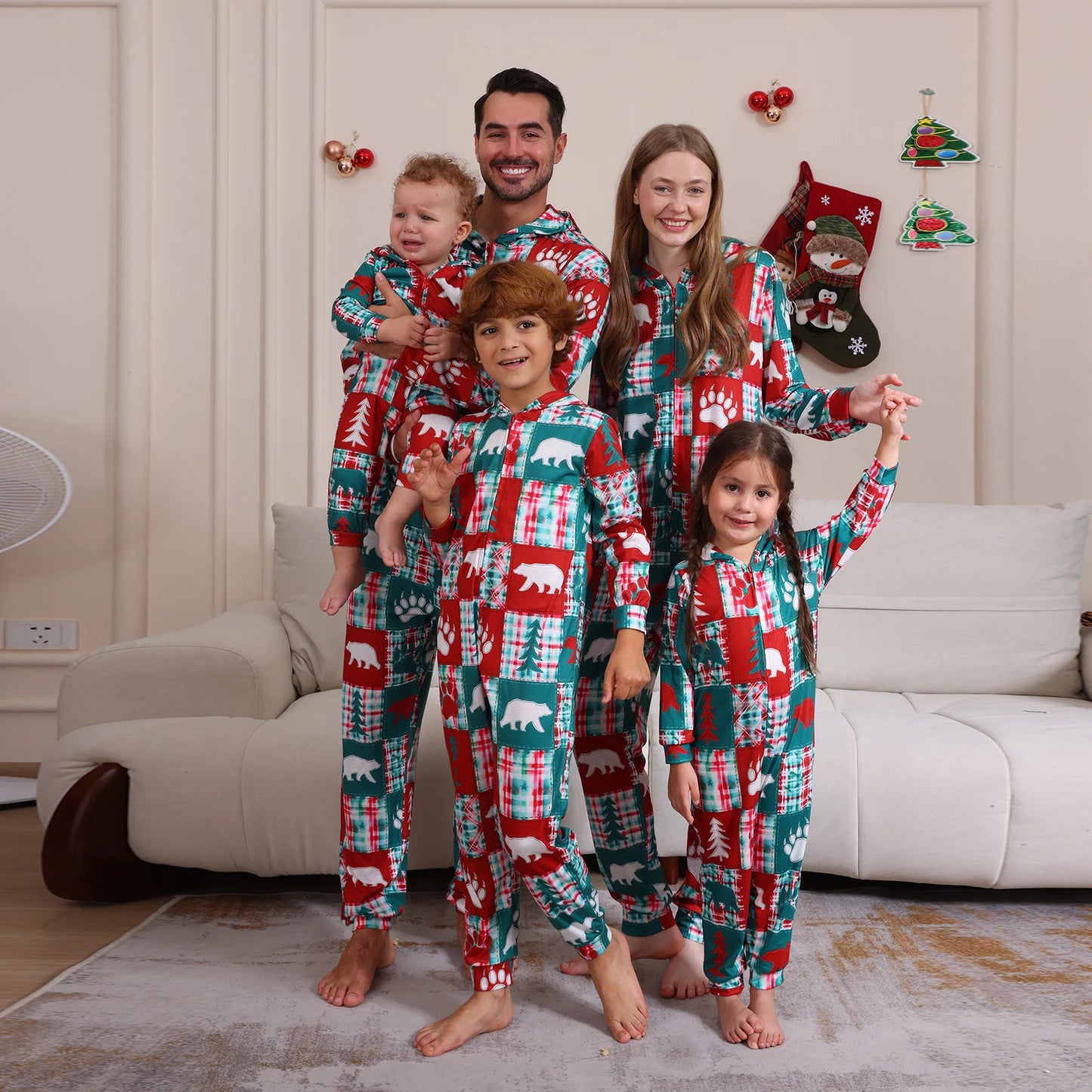 Family Christmas Pajamas Long Sleeve Christmas Tree Print Hooded Jumpsuit Sleepwear