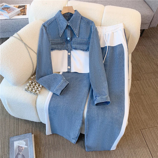 Maxy 2024 Vintage Women Patchwork Denim Jacket Pant Sets Long Sleeve Cropped Coat+High Waist Wide Leg Pants Streetwear Suit