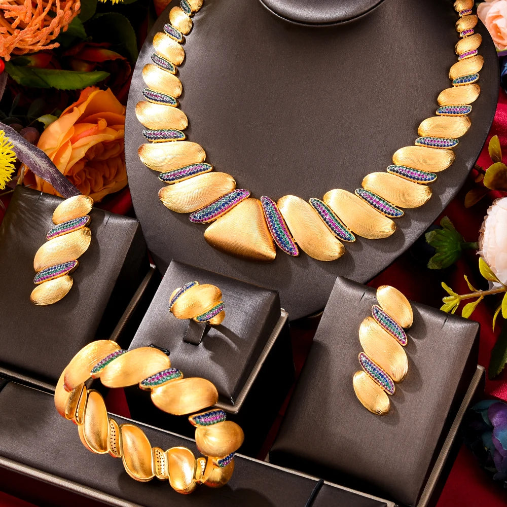Amay New Trendy Triangle 4Pcs African Jewelry Set for Women Wedding Luxury Indian Dubai Cubic Zirconia Bridal Necklace Earring