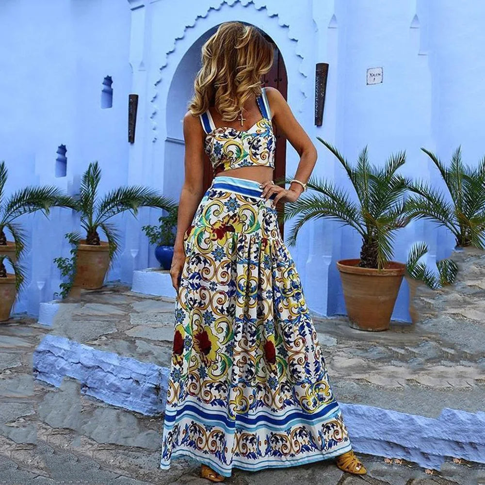 Maxy Bohemian Print Skirt Two Piece Set For Women Sexy Crop Camisole Top And Skirts 2 Piece Sets Summer Beach Holiday Suit Female