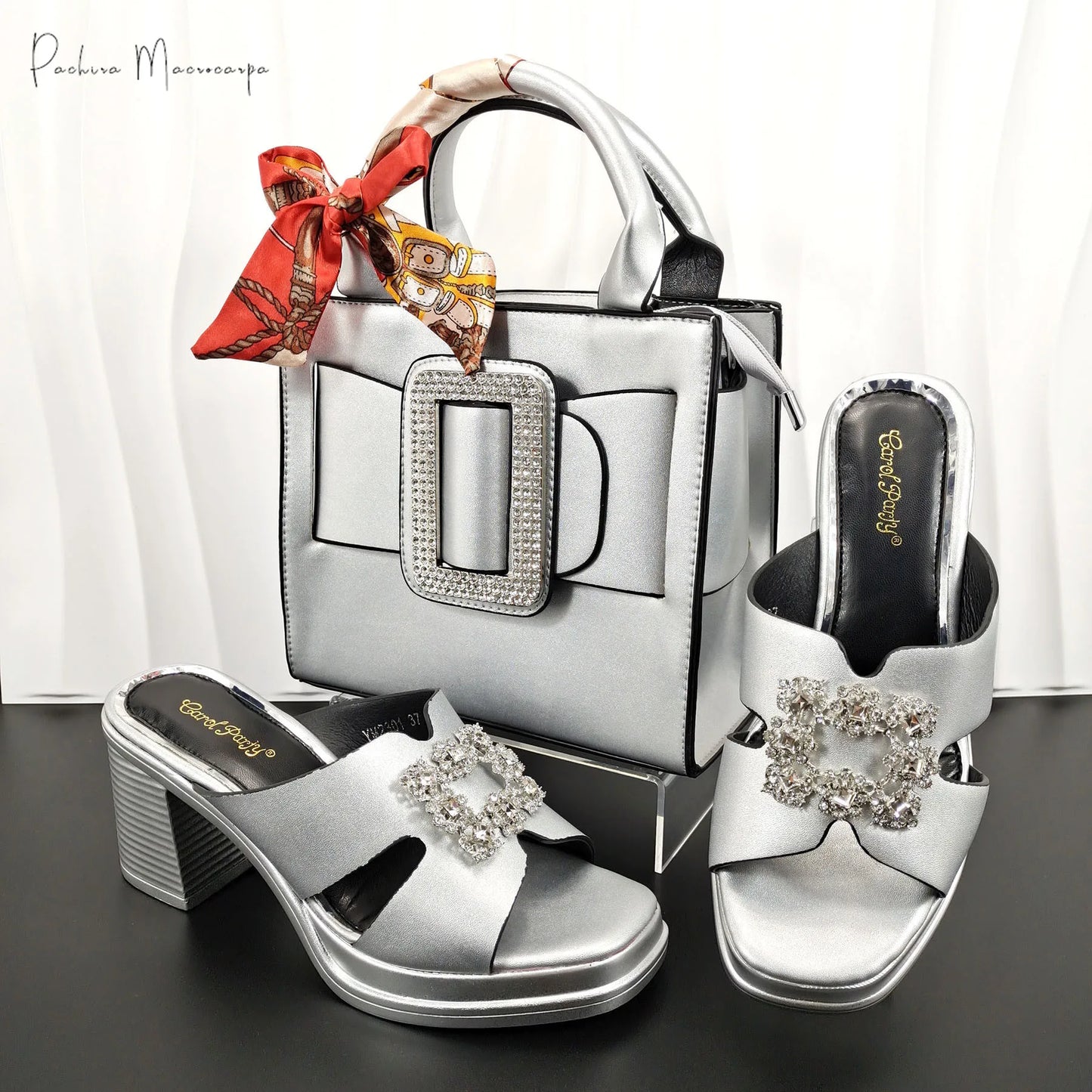 Maxy Fashion Mature Style Platform Peep Toe Women Shoes and Square Fine Clutch Bag Set in Silver Color