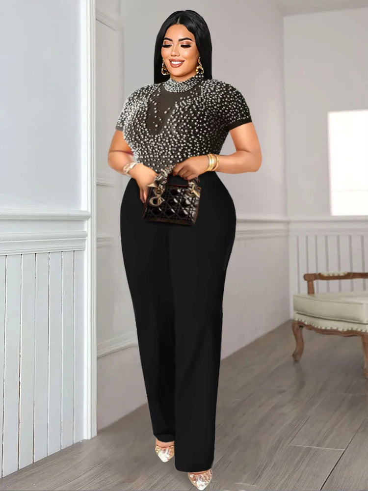Maxy Plus Size Jumpsuits for Women See Through Beading Long Sleeve Beige Black Empire Wide Leg One Piece Outfits Luxury Rompers