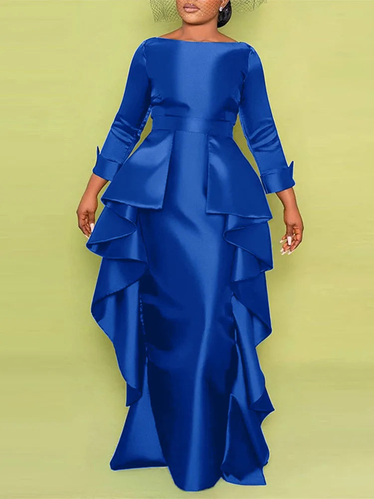 Maxy Plus Size 5XL Bohemian Long Dress Women Elegant Satin Dress Ruffle Sundress Casual Solid Color Robe