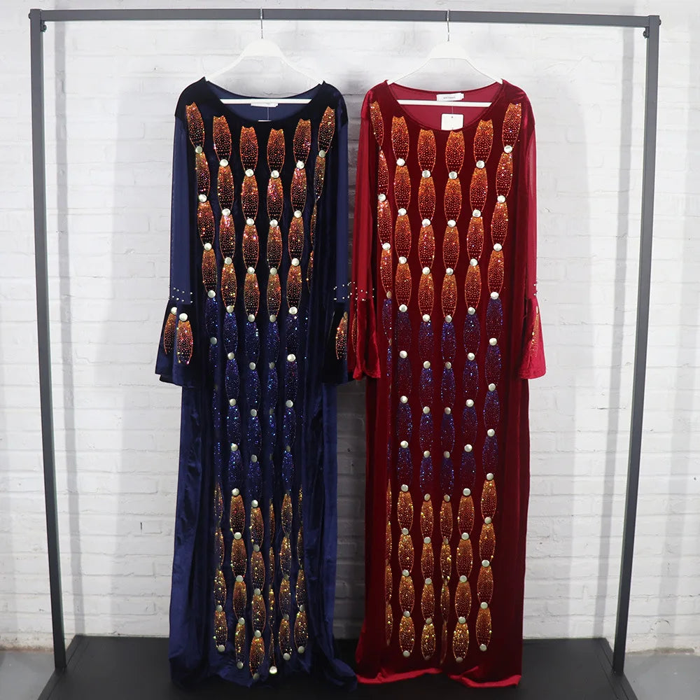 Amay Party Dresses For Women Elegant Beading Sequins Velvet Maxy Dress Clothes Robe Africaine Femme High Quality