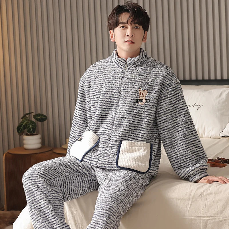 Maxy Newest Couple Pajamas Set Flannel Sleepwear Women Men Warm Fleece Pijama Winter Lovers Kimono Home Clothes