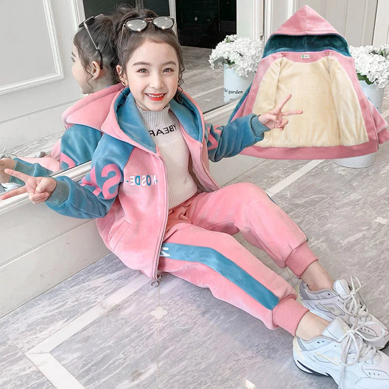 Babs Girls Suit Coat Pants Cotton 2Pcs/Sets Velvet Thicken Spring Winter Sports Sets Tracksuit Uniforms Children Clothing