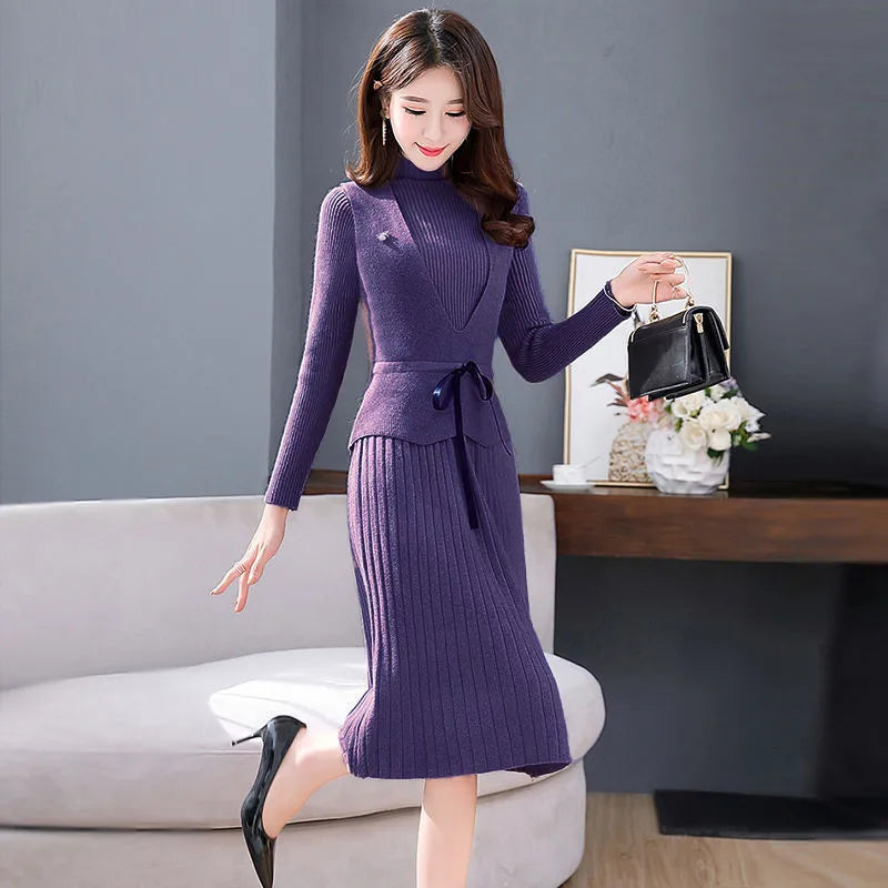 Maxy New Fashion Autumn Winter Women Long Sweater Dress Pullovers Warm Knitted Pullover Dresses + Sweaters Vest Two Pieces Set