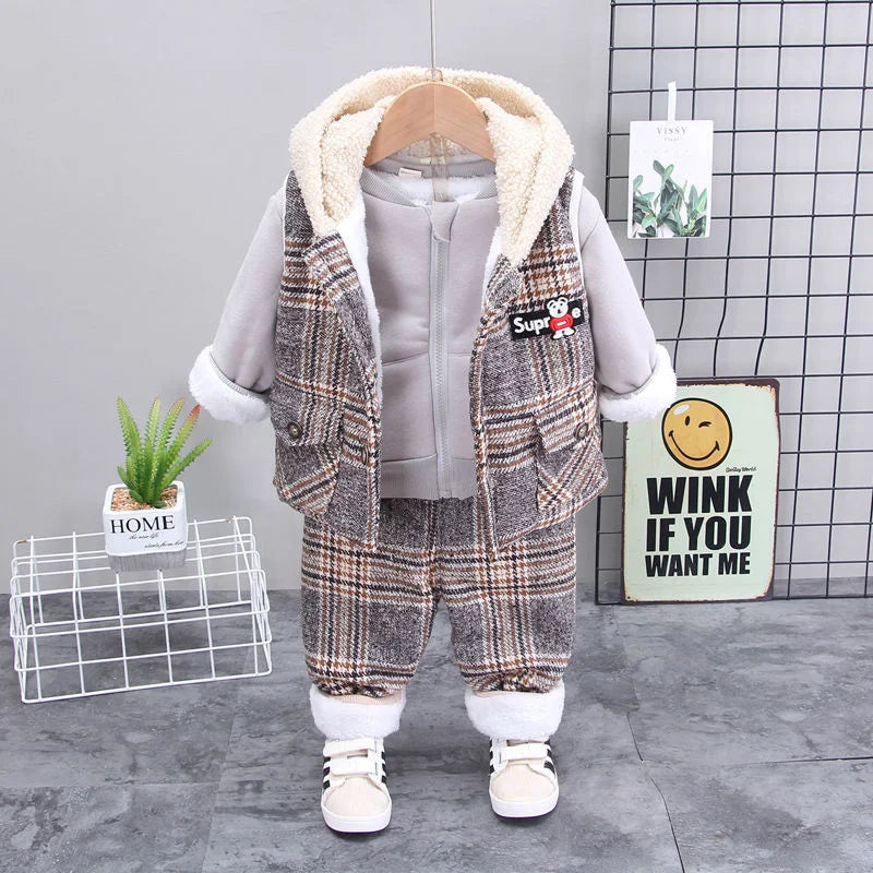 Toddler Boys Clothing Suit 2024 Autumn Winter Baby Kids Fashion Thicken Hoodies Vest Pants 3Pcs/Sets Children Costume Tracksuits