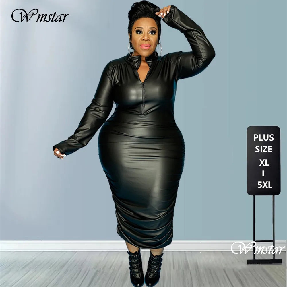 Maxy Leather Plus Size 5XL Dresses for Women Zip Up Full Sleeve Stretch Offie Lady Elegant Black Dress