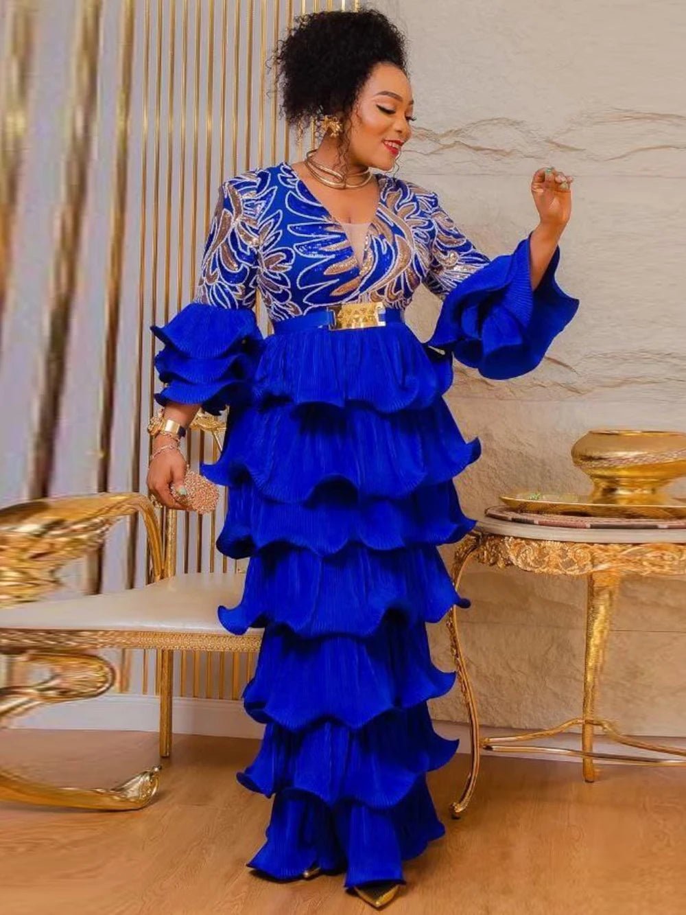 Amay Dresses For Women Luxury Dashiki Sequin Maxy Robes Plus Size Ruffle Long Dress Wedding Party Birthday Evening Clothing