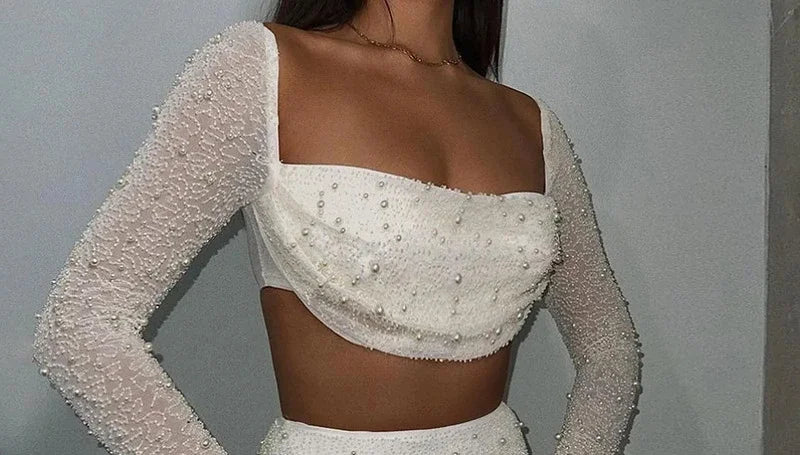 Maxy Luxury Y2k Bodycon Sexy Two-piece Set Skirt Sets Sequins Pearls Women Outfits Evening Party Gowns Chic Dresses Short Suits White