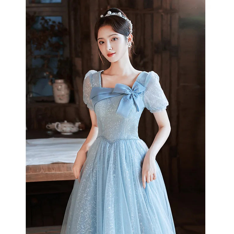 Maxy New Women's Summer Blue Bow Purple Evening Dress Fashionable Slimming Student Graduation Art Exam Walking Dress