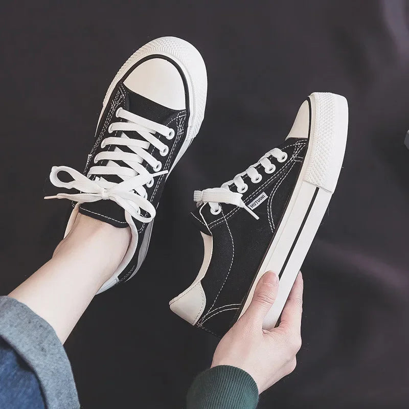 Amay Shoes For Women Low-Top Vulcanized Canvas Platform Sneakers Black Flats Tennis Female Classic Student Small Couples Skateboard