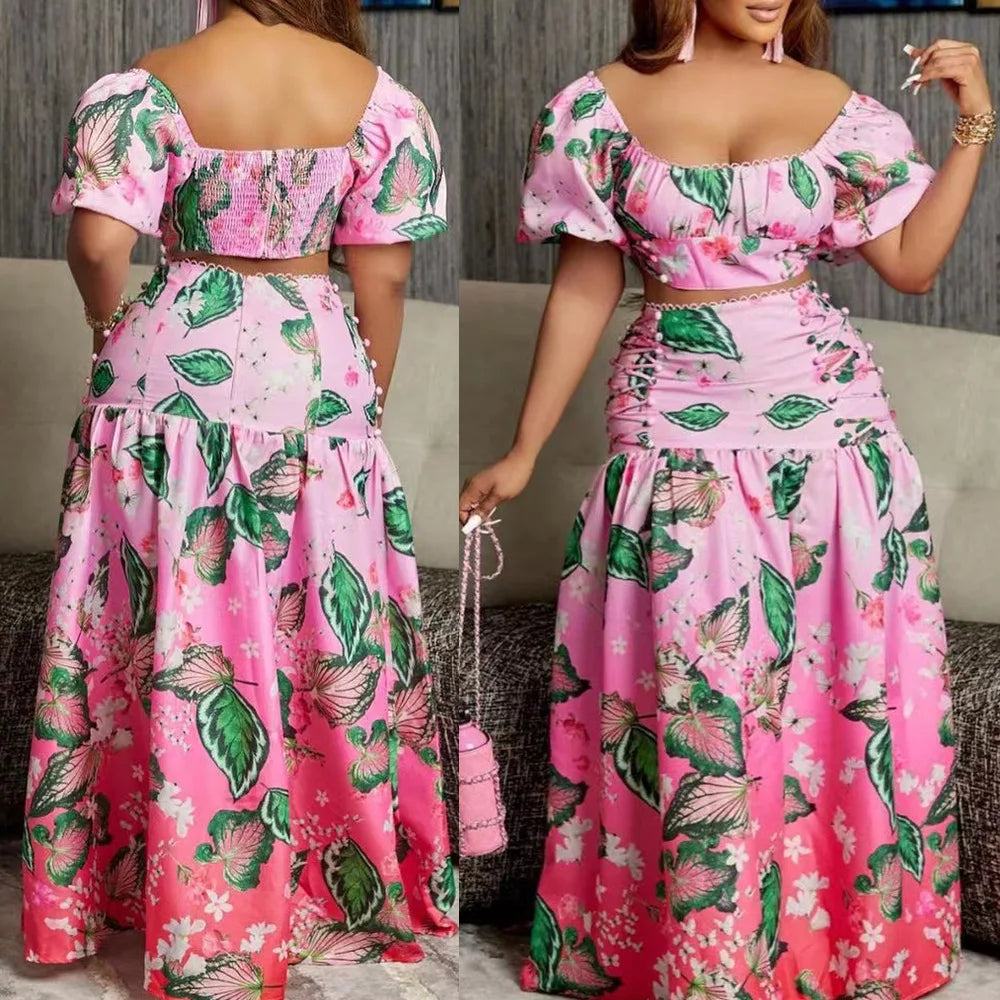 Maxy Summer Women's Suit Fashion Casual Short Top And Comfortable Long Skirt Sets Print Femininity Commuter Two-Piece Set