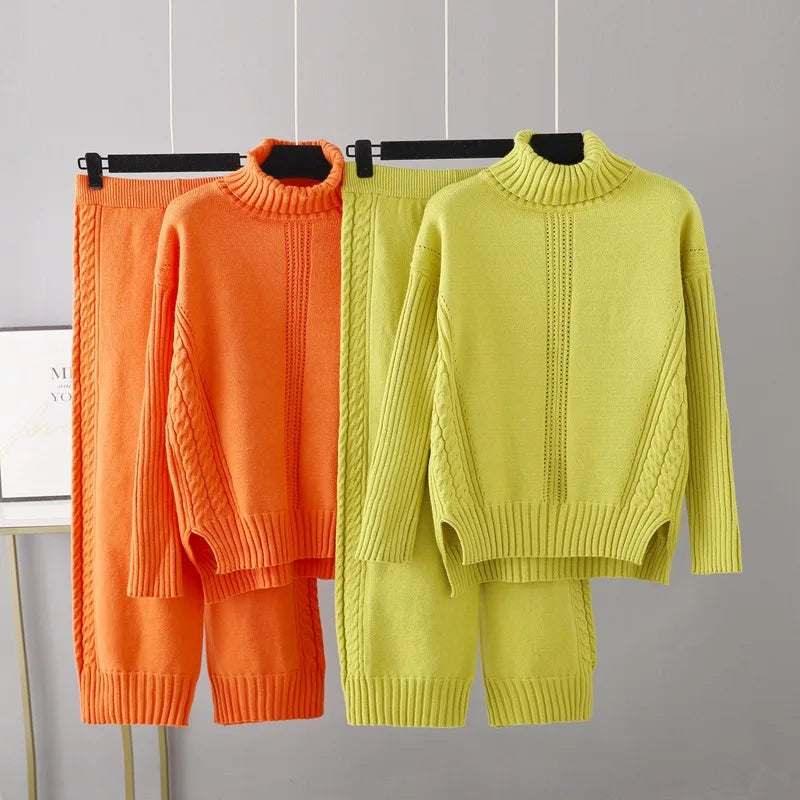 Maxy HLBCBG Cashmere Women Tracksuits Knitted Thick Women Turtleneck Sweater 2/Two Piece Sets Drawstring Harem Pants Suits Outfits