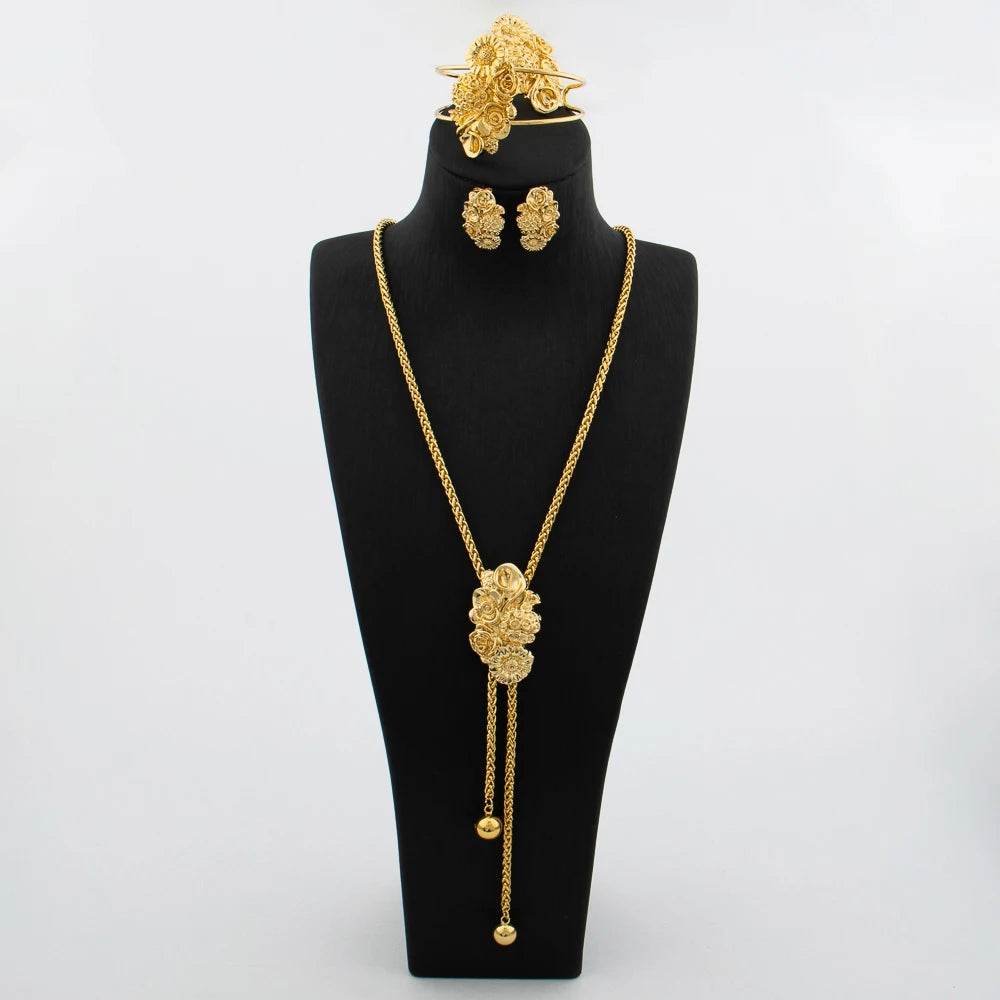 Maxy Gold Plated Jewelry Set for Women Adjustable Necklace Flower Shape Copper Earring Bracelet Rings Wedding Jewellery