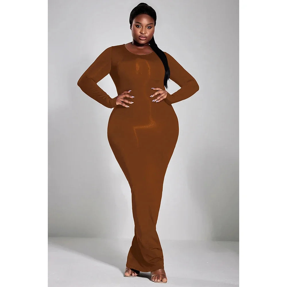 Amay Plus Size Casual Dress Black Solid Round-Neck Long Sleeve Knitted Slim Fit Maxy Dress