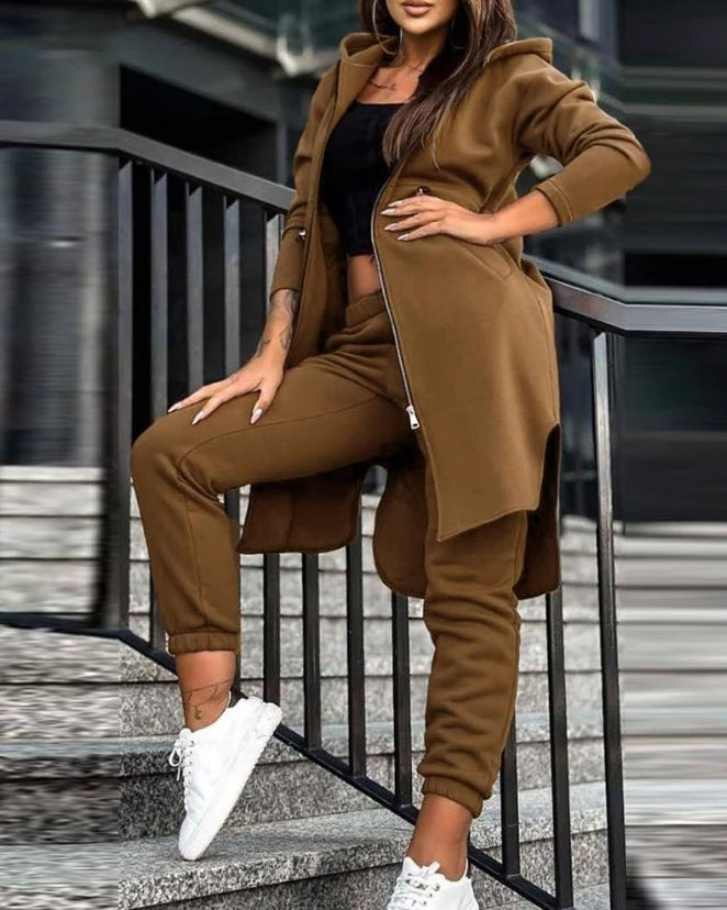 Maxy Women's Sweatpants Sets New Autumn/winter Fashion Zipper Design Longline Hooded Coat & Casual Cuffed Pants Two Piece Suit