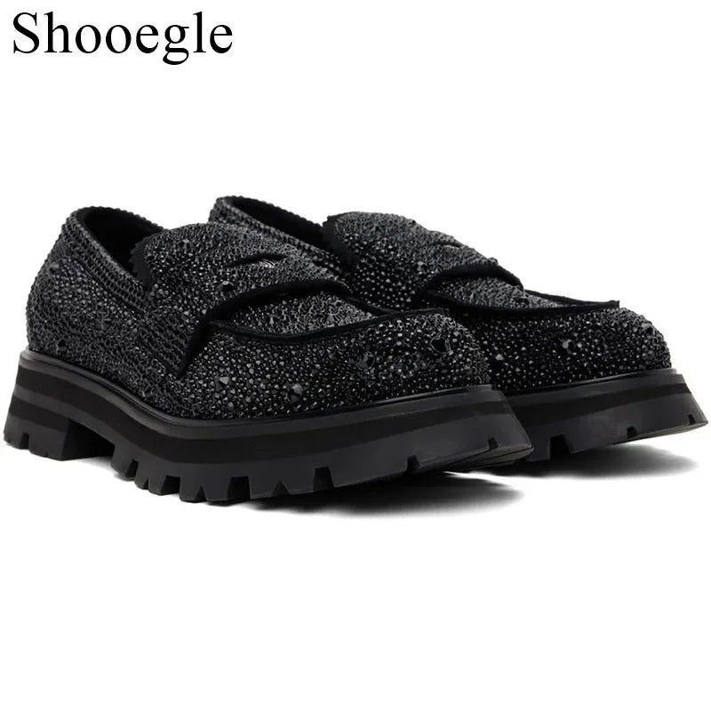Visco High Quality Black Slip on Loafers British Style Rhinestone Men Casual Shoes Wedding Party Business Dress Shoes