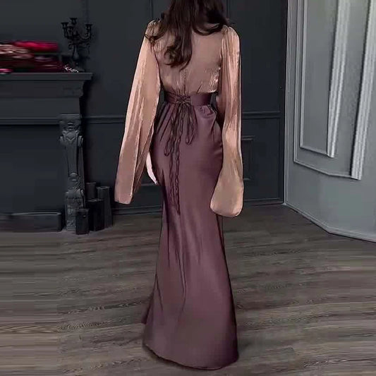 Maxy Vintage High Waisted Women Satin Long Dress New Ladies Temperament Crew Collar Dresses Elegant Slim Long Sleeve Banquet Dresses