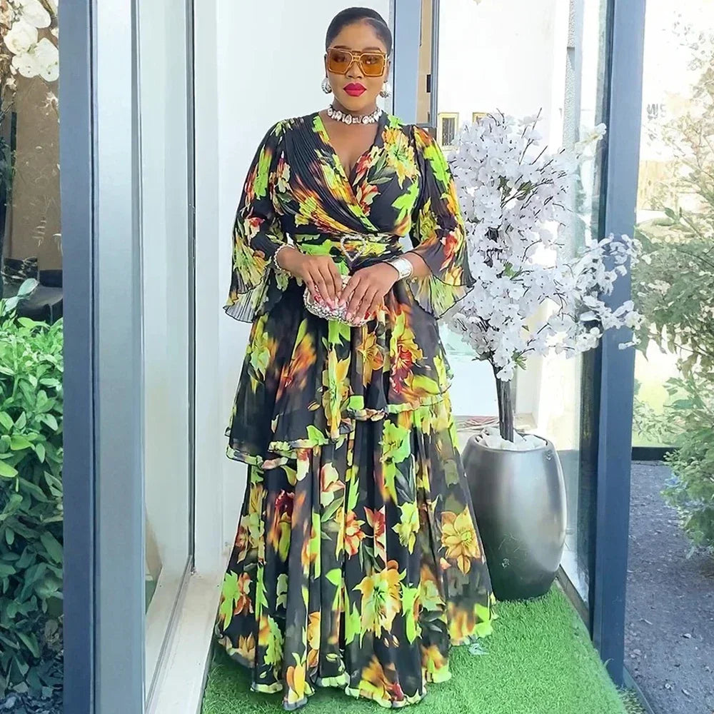 Maxy Elegant Dresses for Women New Summer Fashion Print Robe Plus Size Muslim Wedding Evening Party Long Dress