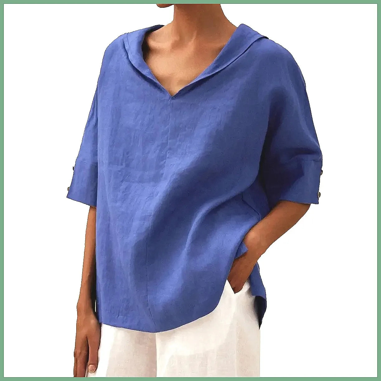 Maxy Women's Loose V-Neck Cotton Linen Shirt, Casual Elegant Summer Blouse Office Wear